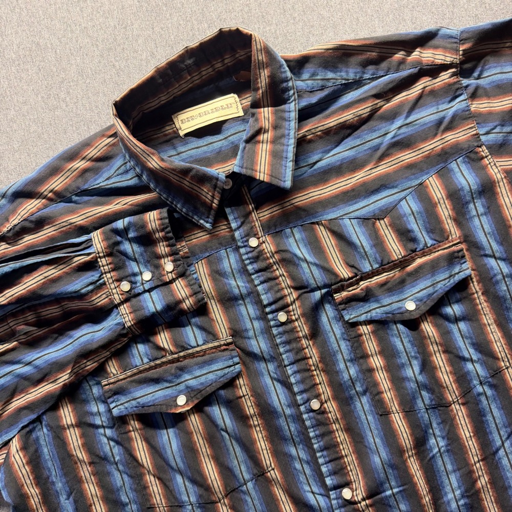 Bit & Bridle Mens 2XT Western Pearl Snap Shirt Blue Striped Long Sleeve Tall